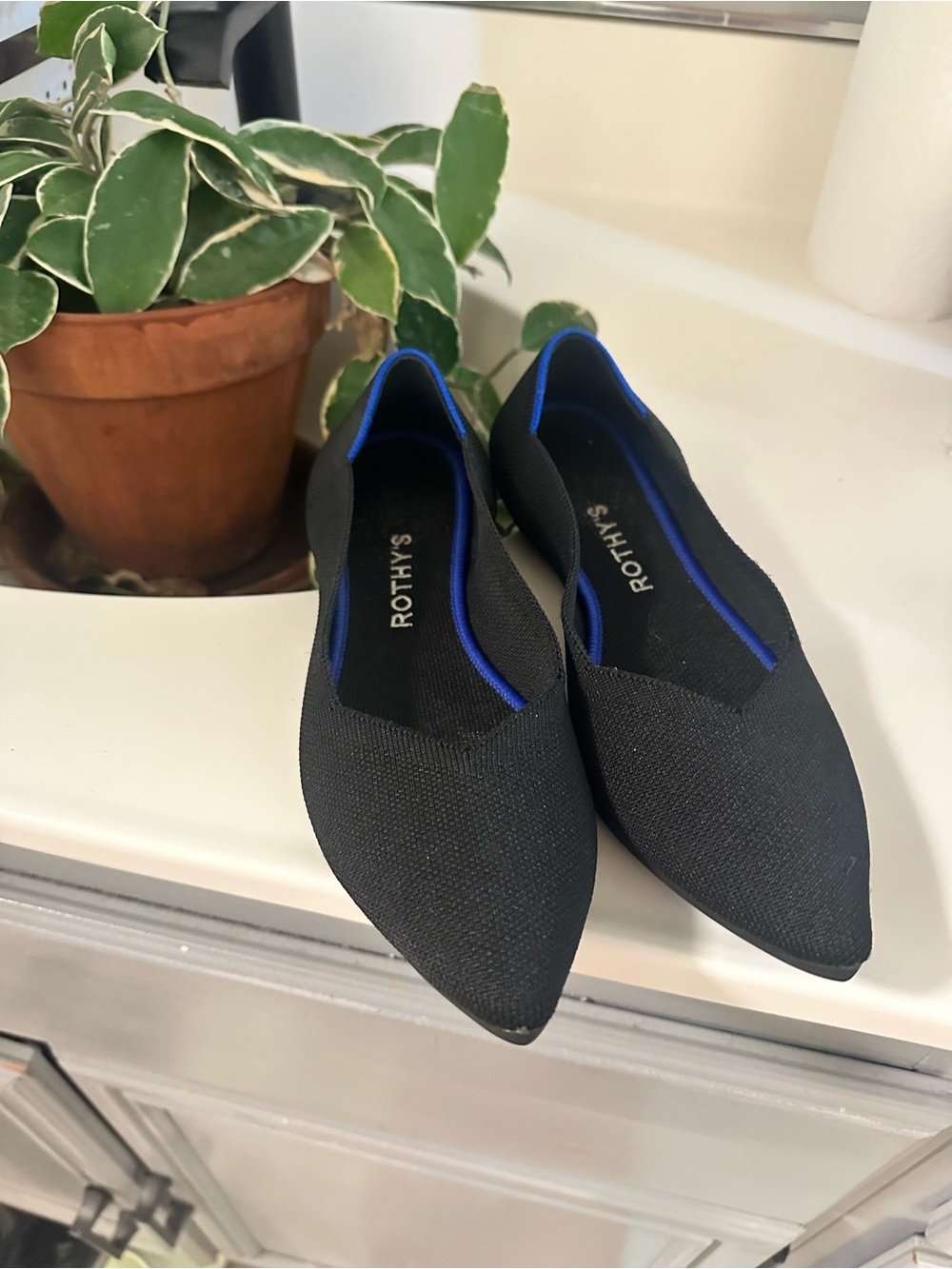 Rothy's Black Pointed Slip-On Loafers with Blue Trim